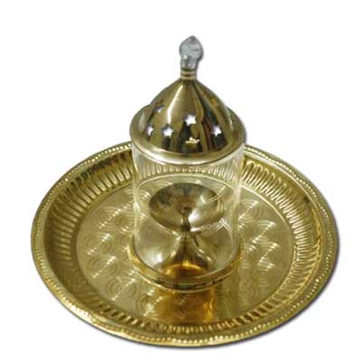 "Brass plate with brass Akhanda Diya with glass cover - Click here to View more details about this Product